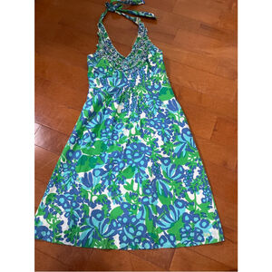 Women's Lilly Pulitzer Halter Dress Size 0 Blue Green Floral